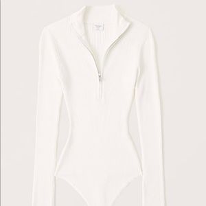 White Abercrombie Elevated Knit Half-Zip Bodysuit (Size Medium)